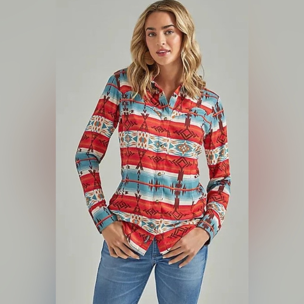 Wrangler Retro Teal Red Brown Southwest Aztec Pearl Snap Western Shirt, Size S - Picture 3 of 15
